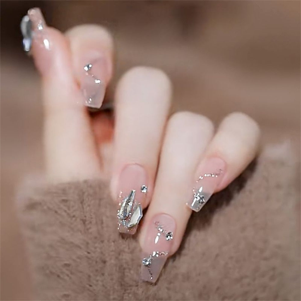 24pcs Rhinestone Design Fake Nails Shiny Bridal Women Lady party nail DIy Decorations Press On nail Tips False Nail Patch 707232