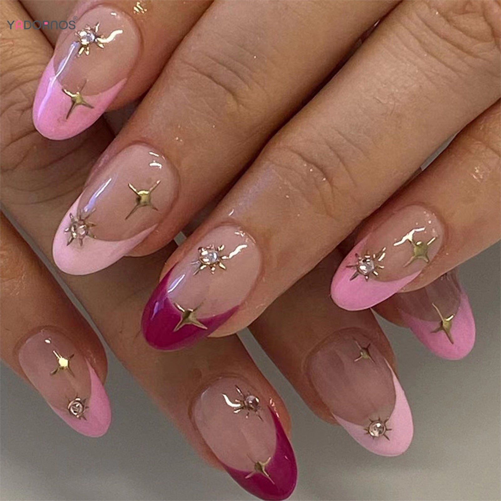 24pcs Short Almond Pink French False Nails Star Design Press on Nails Fake Nails DIY Manicure Detachable Stick-on Nail Tips YA-1