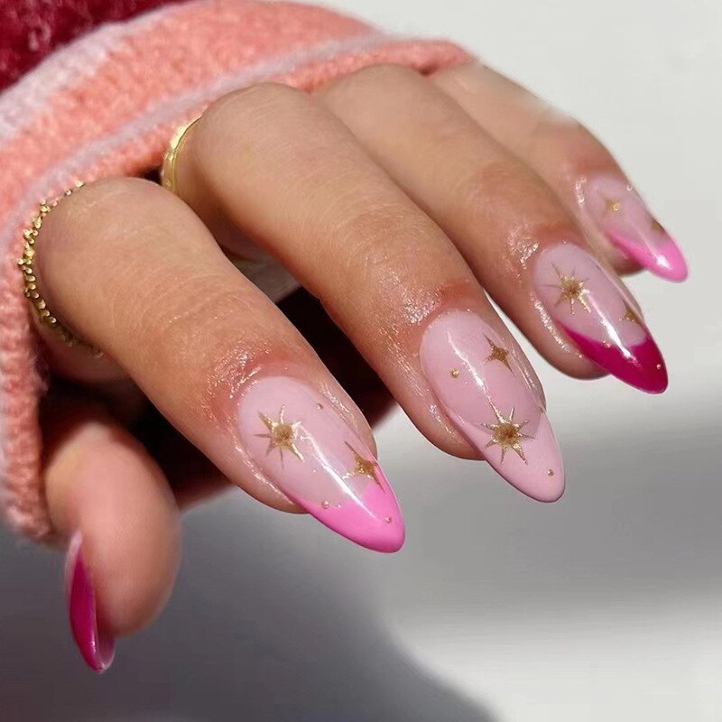 24pcs Short Almond Pink French False Nails Star Design Press on Nails Fake Nails DIY Manicure Detachable Stick-on Nail Tips