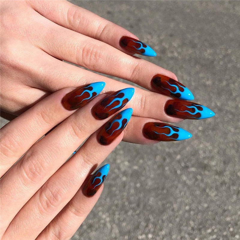 24pcs Simple Style Nail Art Colorful Lines Fake Nails In Shape Of Water Drop Press On False Nails With Glue DIY Nail Art Tips JP1424