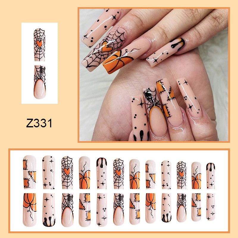 24pcs Sweet Cool Pink Black False Nails Halloween Skull Batch Pattern Design Press On Nail Patch Wearable Artificial Nail Tips 6