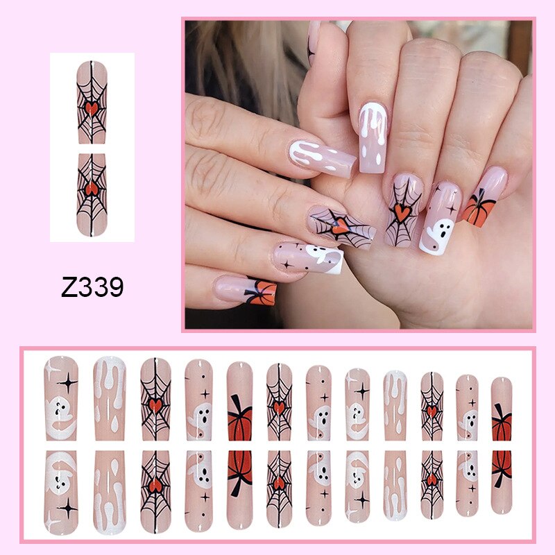 24pcs Sweet Cool Pink Black False Nails Halloween Skull Batch Pattern Design Press On Nail Patch Wearable Artificial Nail Tips 5