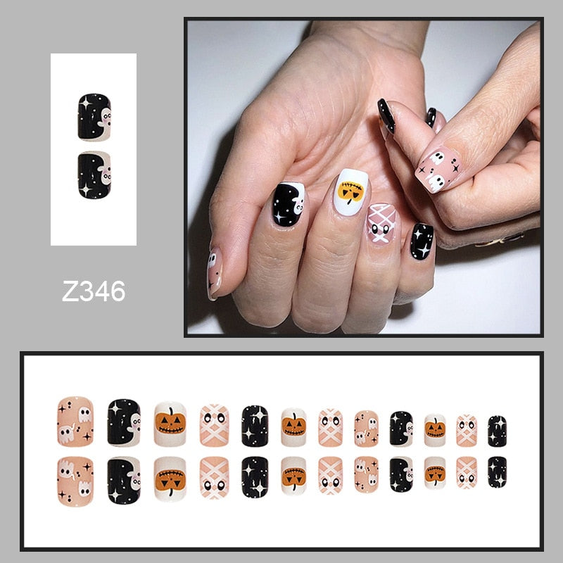 24pcs Sweet Cool Pink Black False Nails Halloween Skull Batch Pattern Design Press On Nail Patch Wearable Artificial Nail Tips 4