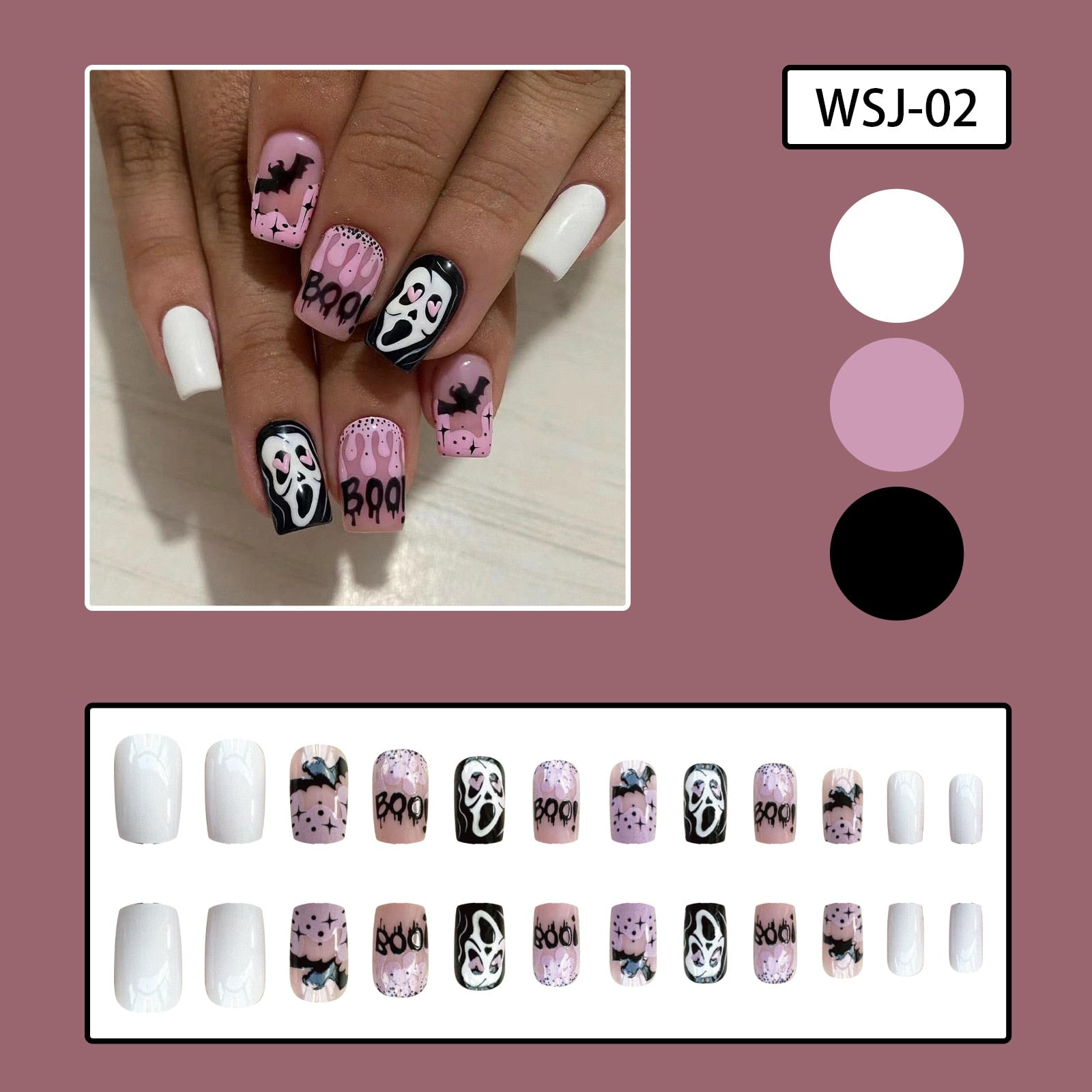 24pcs Sweet Cool Pink Black False Nails Halloween Skull Batch Pattern Design Press On Nail Patch Wearable Artificial Nail Tips 1