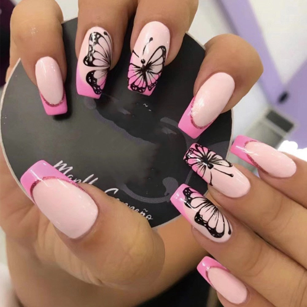 24pcs Wearable Fake Nails Blue Smudged Medium Long Coffin Gold Foil False Nails Full Cover Nail Tips Set Press On Nails DIY Tool