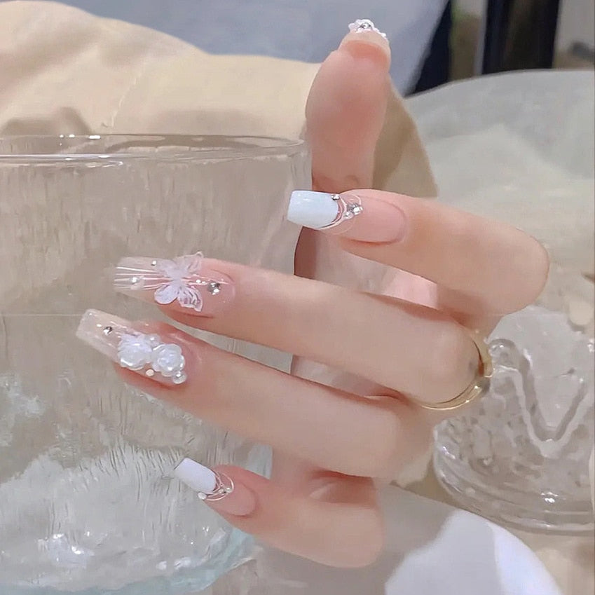 24pcs Wearable Pink Press On Fake Nails Tips With Glue false nails design Butterfly Lovely Girl false nails With Wearing Tools X102