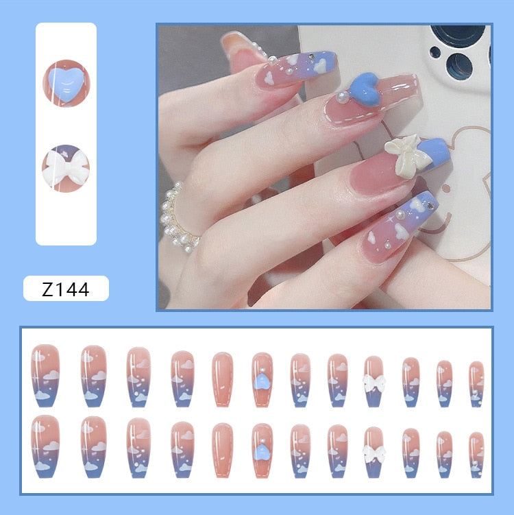24pcs Wearable Pink Press On Fake Nails Tips With Glue false nails design Butterfly Lovely Girl false nails With Wearing Tools 144