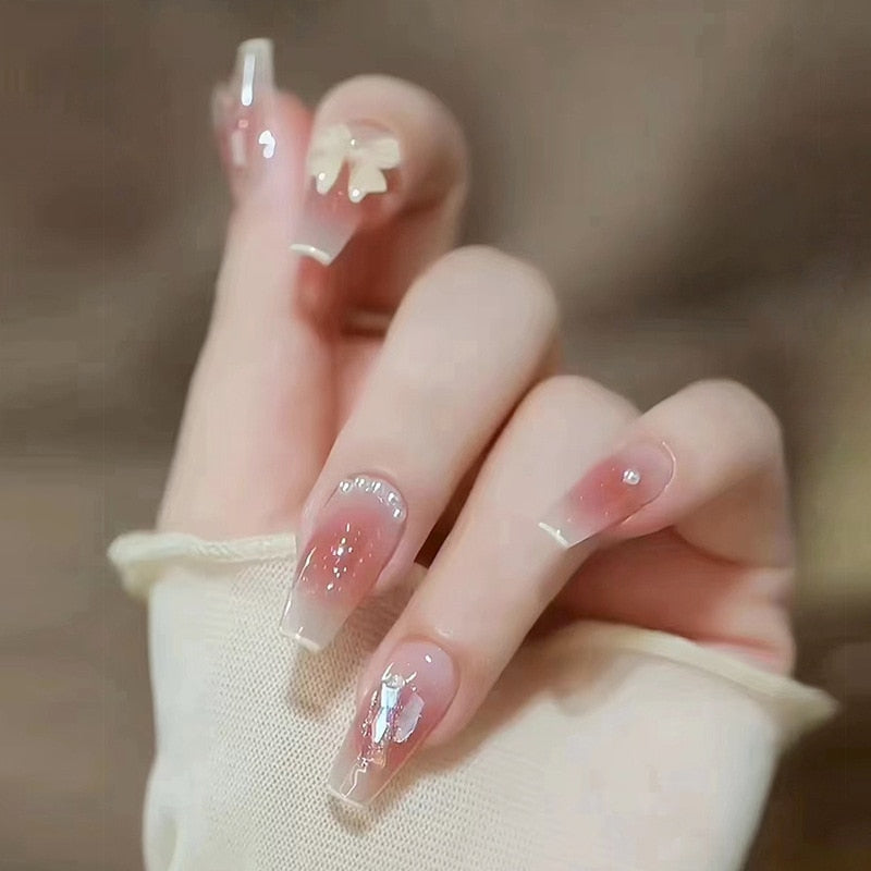 24pcs Wearable Pink Press On Fake Nails Tips With Glue false nails design Butterfly Lovely Girl false nails With Wearing Tools 363