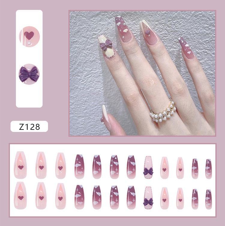 24pcs Wearable Pink Press On Fake Nails Tips With Glue false nails design Butterfly Lovely Girl false nails With Wearing Tools 128