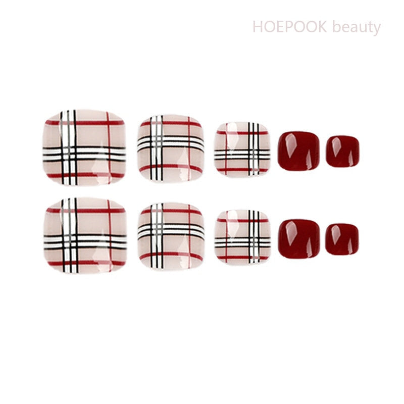 24pcs Wine Red Grid Seamless Removable Fake Toe Nails Reusable Acrylic Press On Nail Tips Full Cover Waterproof False Toenails