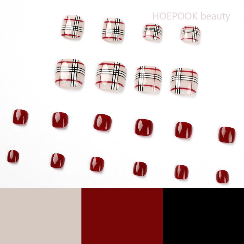 24pcs Wine Red Grid Seamless Removable Fake Toe Nails Reusable Acrylic Press On Nail Tips Full Cover Waterproof False Toenails