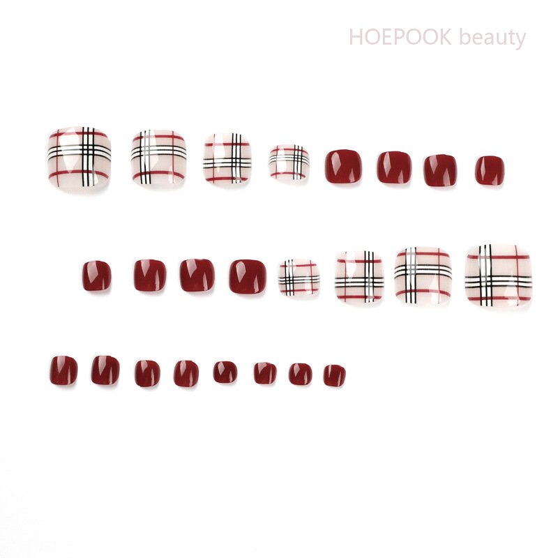 24pcs Wine Red Grid Seamless Removable Fake Toe Nails Reusable Acrylic Press On Nail Tips Full Cover Waterproof False Toenails