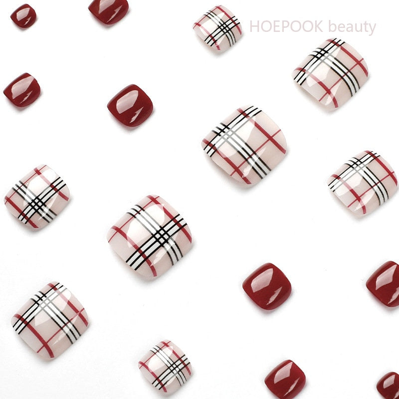 24pcs Wine Red Grid Seamless Removable Fake Toe Nails Reusable Acrylic Press On Nail Tips Full Cover Waterproof False Toenails