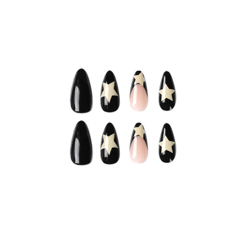 24pcs/box Fake French y2k Nails Press On Long Stiletto Almond Shape Wearable False Nails With Stars Designs Full Cover Nail Tips