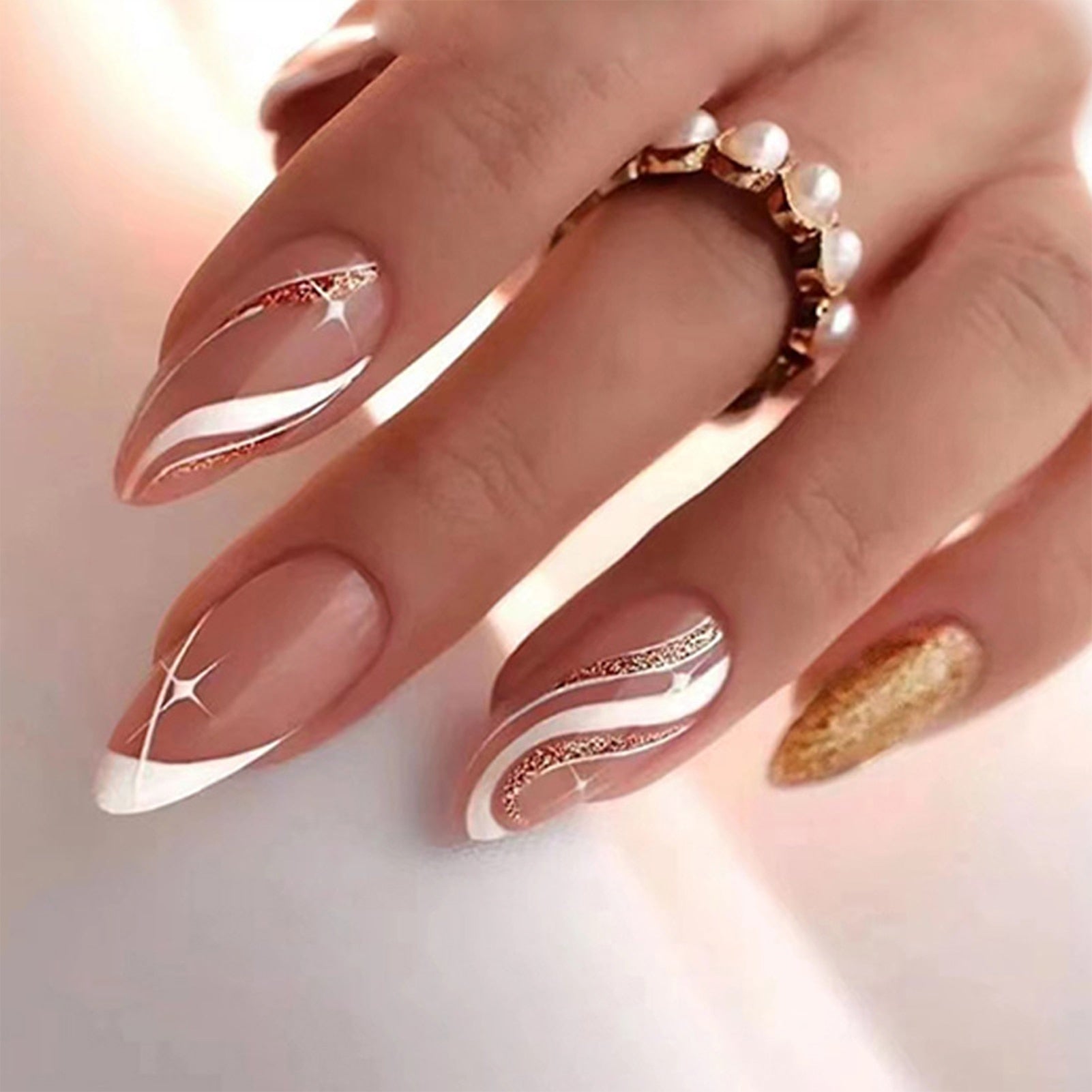 24pcs/box Fake French y2k Nails Press On Long Stiletto Almond Shape Wearable False Nails With Stars Designs Full Cover Nail Tips style12