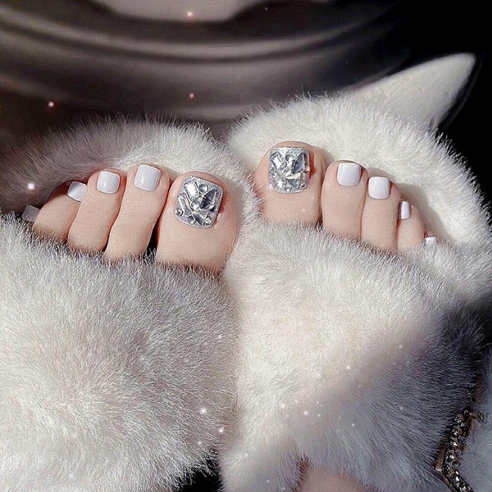 24pcs/box Fake Toenails With Designs Artificial Press On Nail Tips Full Cover Over Head False Nails With Glue Nail Art For Girls Style 24