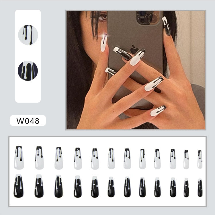 24pcs/box Printing Nails Patch MidLength Fake Nails With Design Full Cover Acrylic Press On Nails Long Artifical Nails With Glue 048