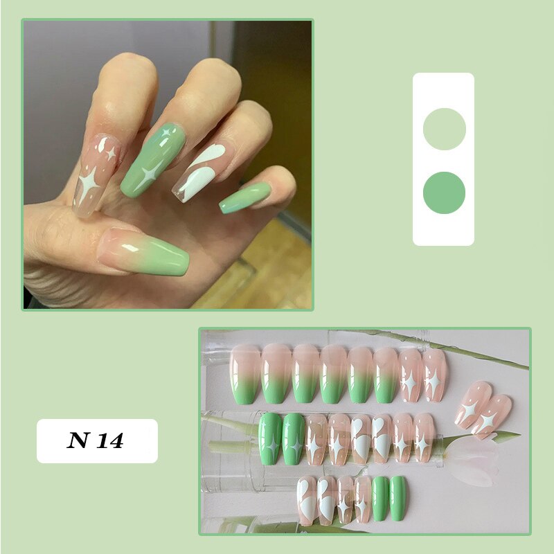 24pcs false nails matte Green Nails Patch with glue Removable Long Paragraph Fashion Manicure press on Nail tips N 14