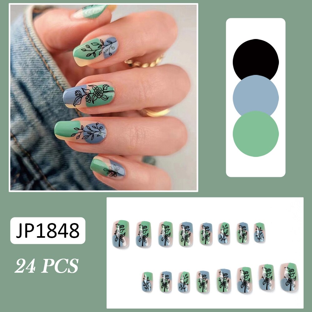 24pcs false nails matte Green Nails Patch with glue Removable Long Paragraph Fashion Manicure press on Nail tips N 11