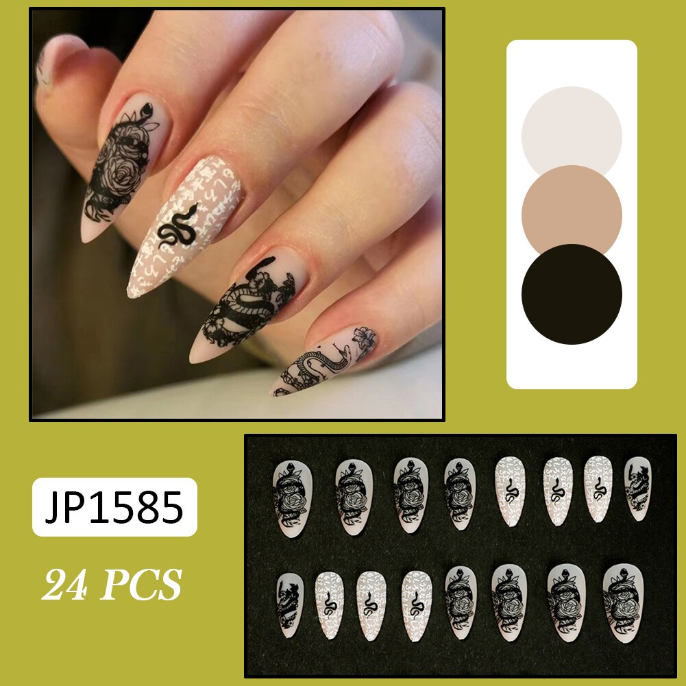 24pcs false nails matte Green Nails Patch with glue Removable Long Paragraph Fashion Manicure press on Nail tips N 2