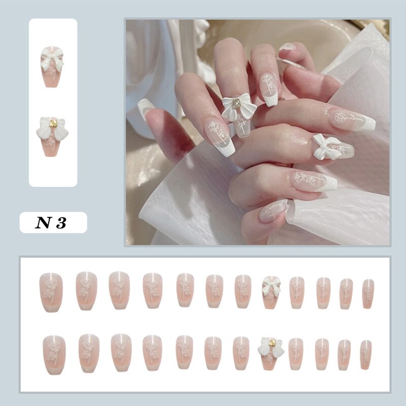 24pcs false nails matte Green Nails Patch with glue Removable Long Paragraph Fashion Manicure press on Nail tips N 3