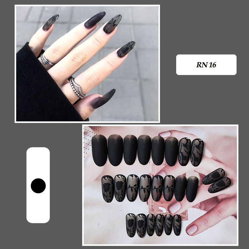 24pcs false nails matte Green Nails Patch with glue Removable Long Paragraph Fashion Manicure press on Nail tips N 16