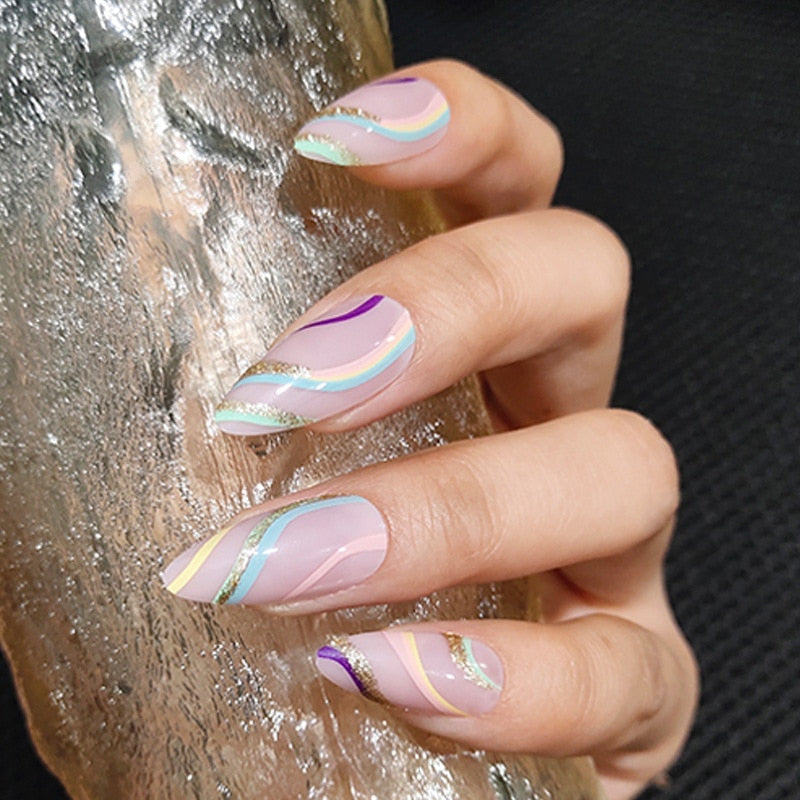 24pcs false nails with almond head French artificial nails with glue Long Paragraph Manicure full cover Stiletto press on nails 203