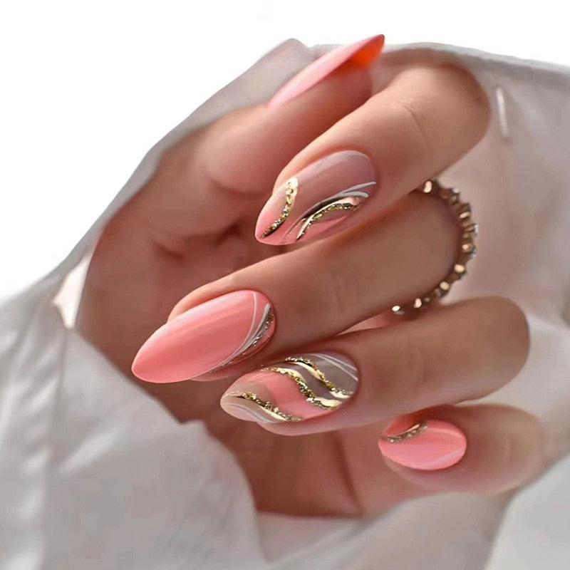 24pcs false nails with almond head French artificial nails with glue Long Paragraph Manicure full cover Stiletto press on nails 459
