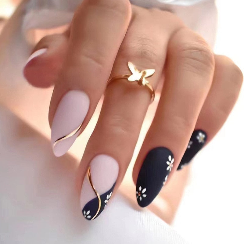24pcs false nails with almond head French artificial nails with glue Long Paragraph Manicure full cover Stiletto press on nails 316