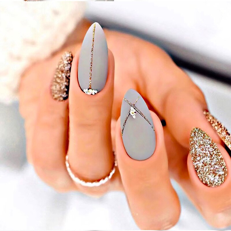 24pcs false nails with almond head French artificial nails with glue Long Paragraph Manicure full cover Stiletto press on nails 2007