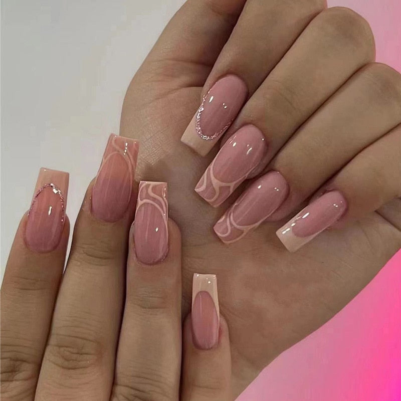 24pcs removeable false nails with glue Ballet nails with designs Gradient Shinny brown press on nails coffin glitter fake nails W068