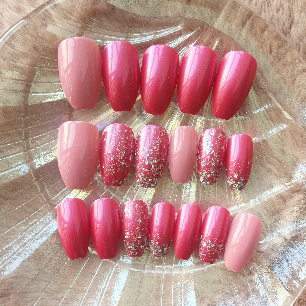 24pcs removeable false nails with glue Ballet nails with designs Gradient Shinny brown press on nails coffin glitter fake nails W3