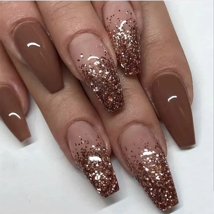 24pcs removeable false nails with glue Ballet nails with designs Gradient Shinny brown press on nails coffin glitter fake nails AMAIO