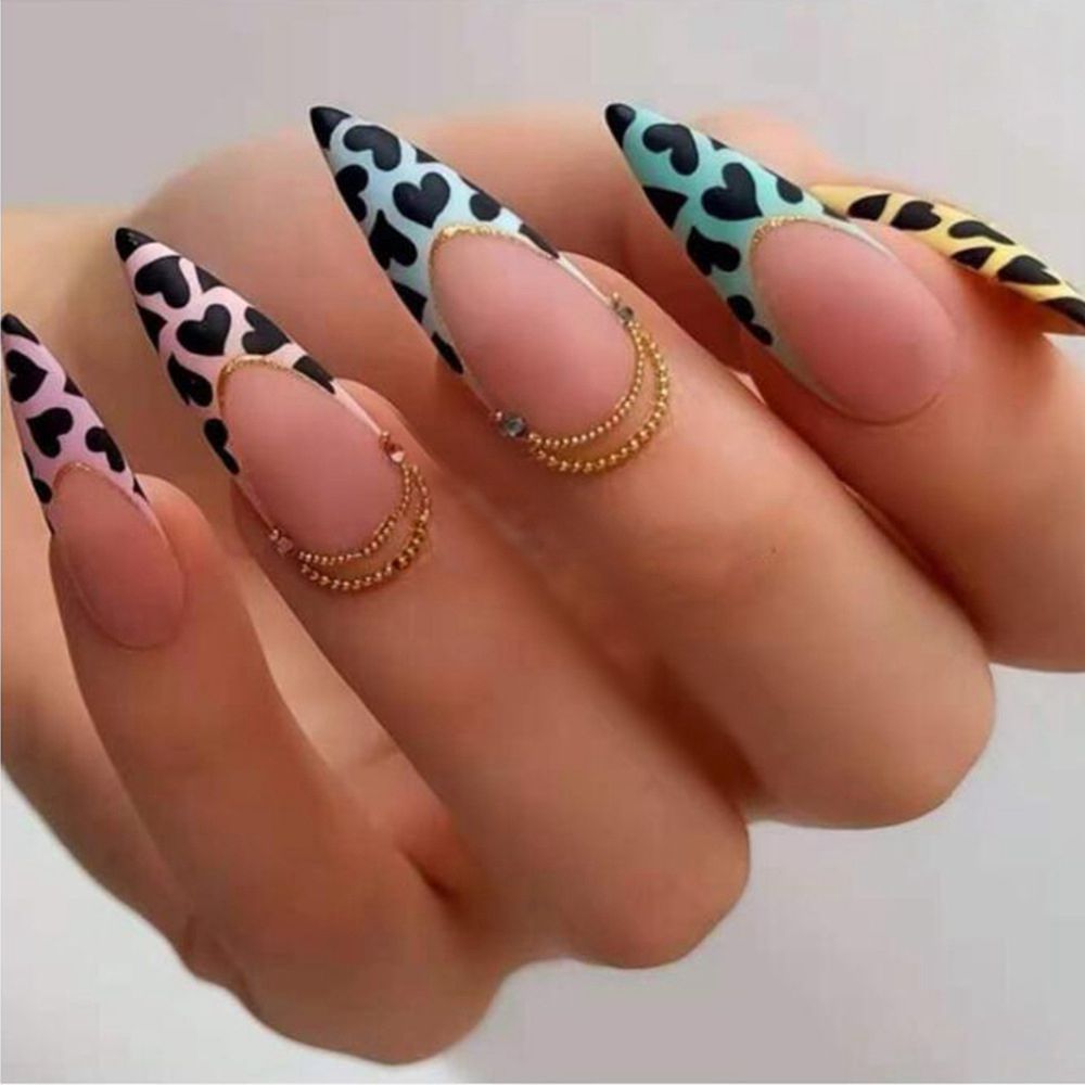 24pcs/set Long Stiletto Fake Nails Punk Snake Pattern Black White Matte False Nails Artificial Full Nail Tips Manicure Tools A-3