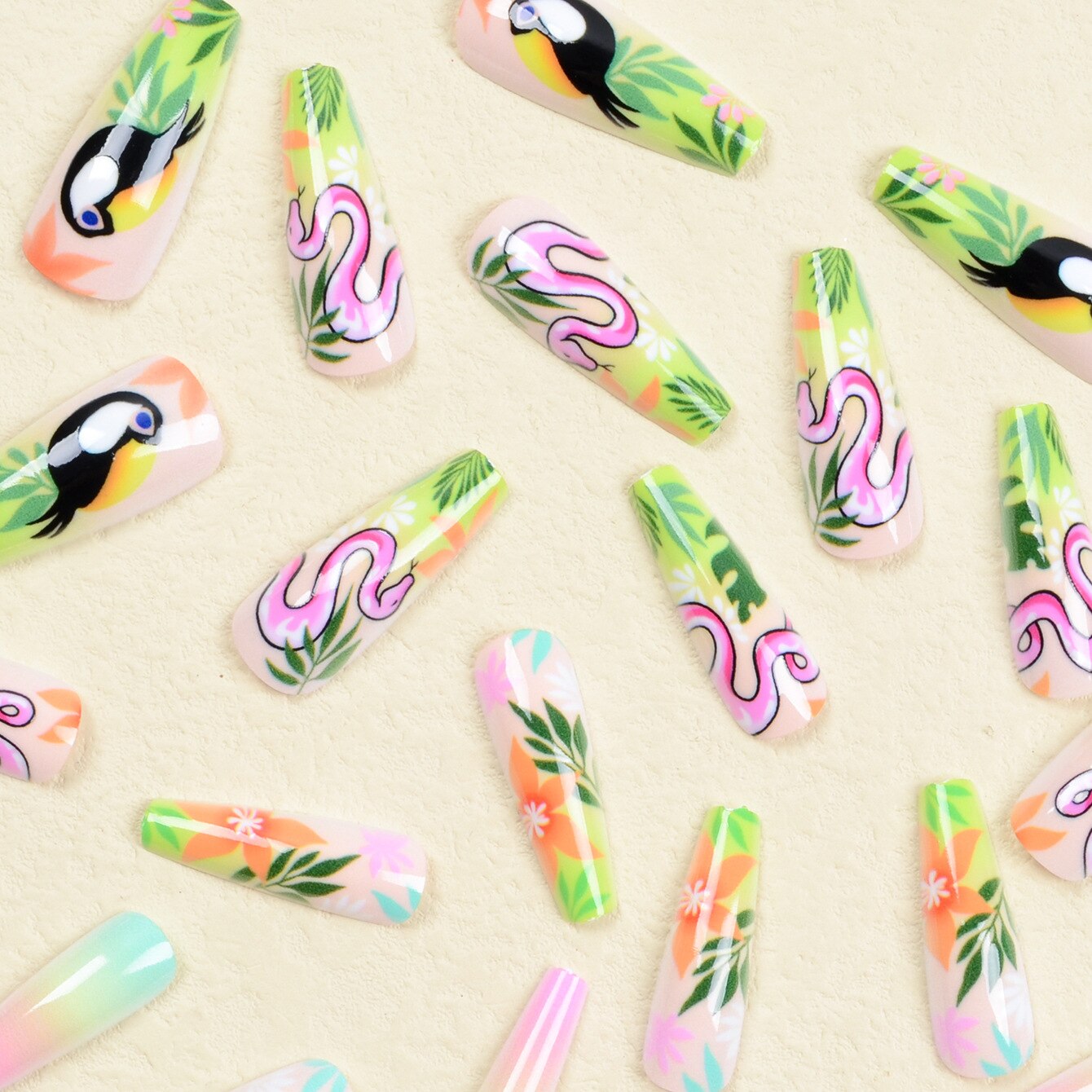 24pcs/set fake nails accessories Spring summer brids snake leaf designs long french coffin tips faux ongles press on false nail