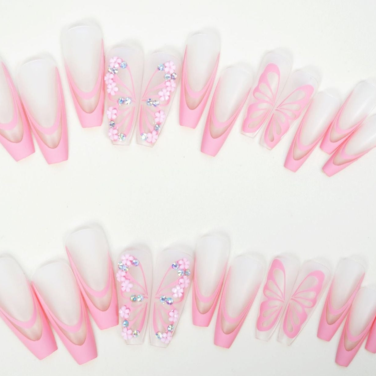 24pcs/set pink butterfly fake nails with glitter diamond designs long french coffin tips faux ongles press on false nail supplie