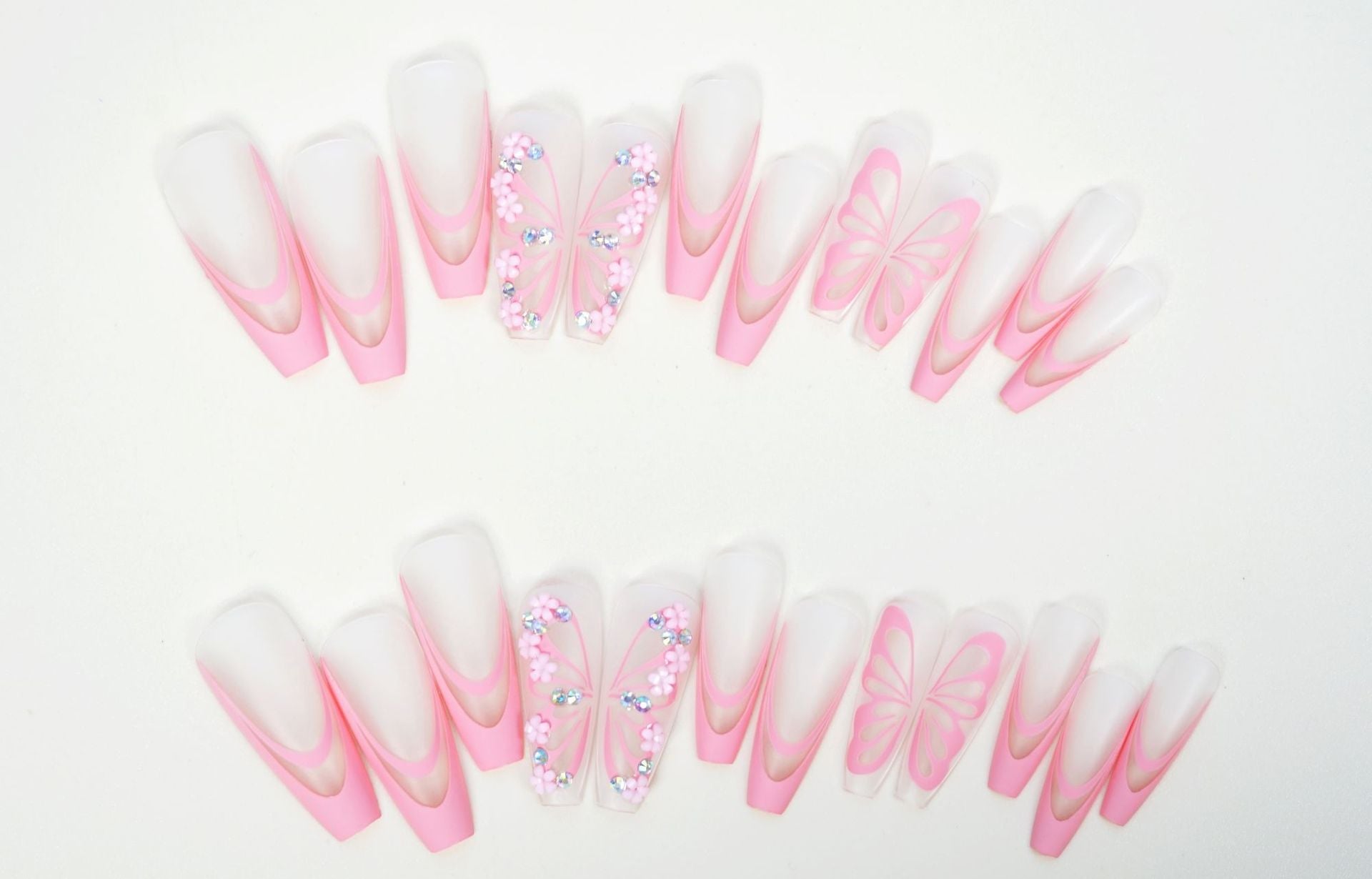 24pcs/set pink butterfly fake nails with glitter diamond designs long french coffin tips faux ongles press on false nail supplie