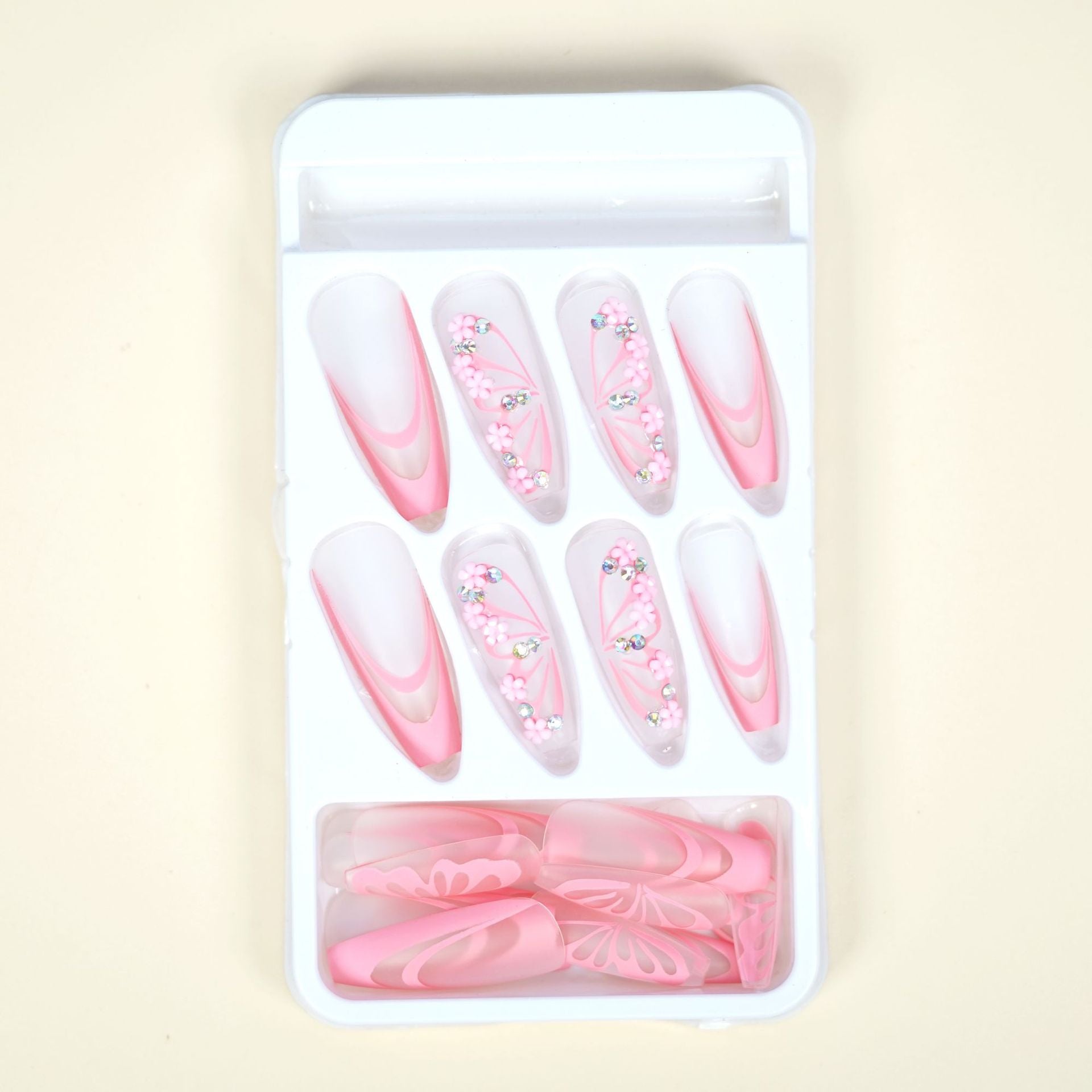 24pcs/set pink butterfly fake nails with glitter diamond designs long french coffin tips faux ongles press on false nail supplie