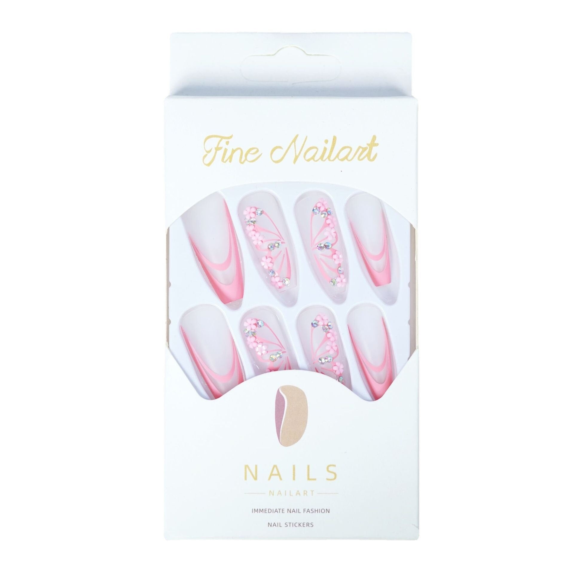 24pcs/set pink butterfly fake nails with glitter diamond designs long french coffin tips faux ongles press on false nail supplie