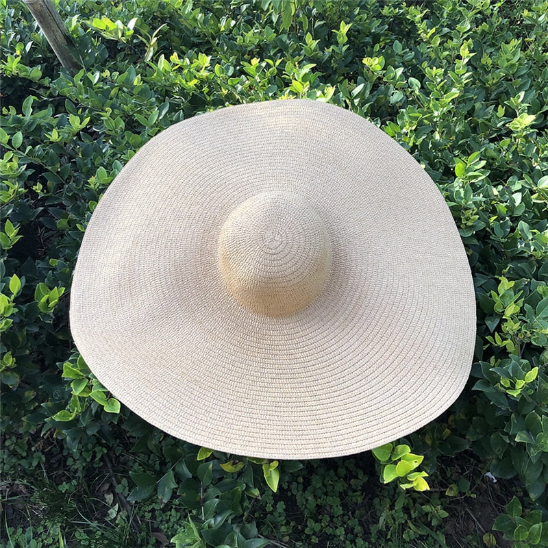 25CM Wide Brim Oversized Beach Hats For Women Large Straw Hat UV Protection Foldable Sun Shade Hat Wholesale Dropshipping beige