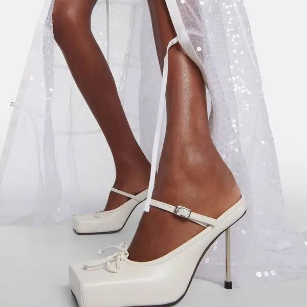 Butterfly-Knot Metal Heeled Sandals Red Square Toe Solid Color Mules Summer Pull On Slip On Slides Black Luxury Ladies Shoes