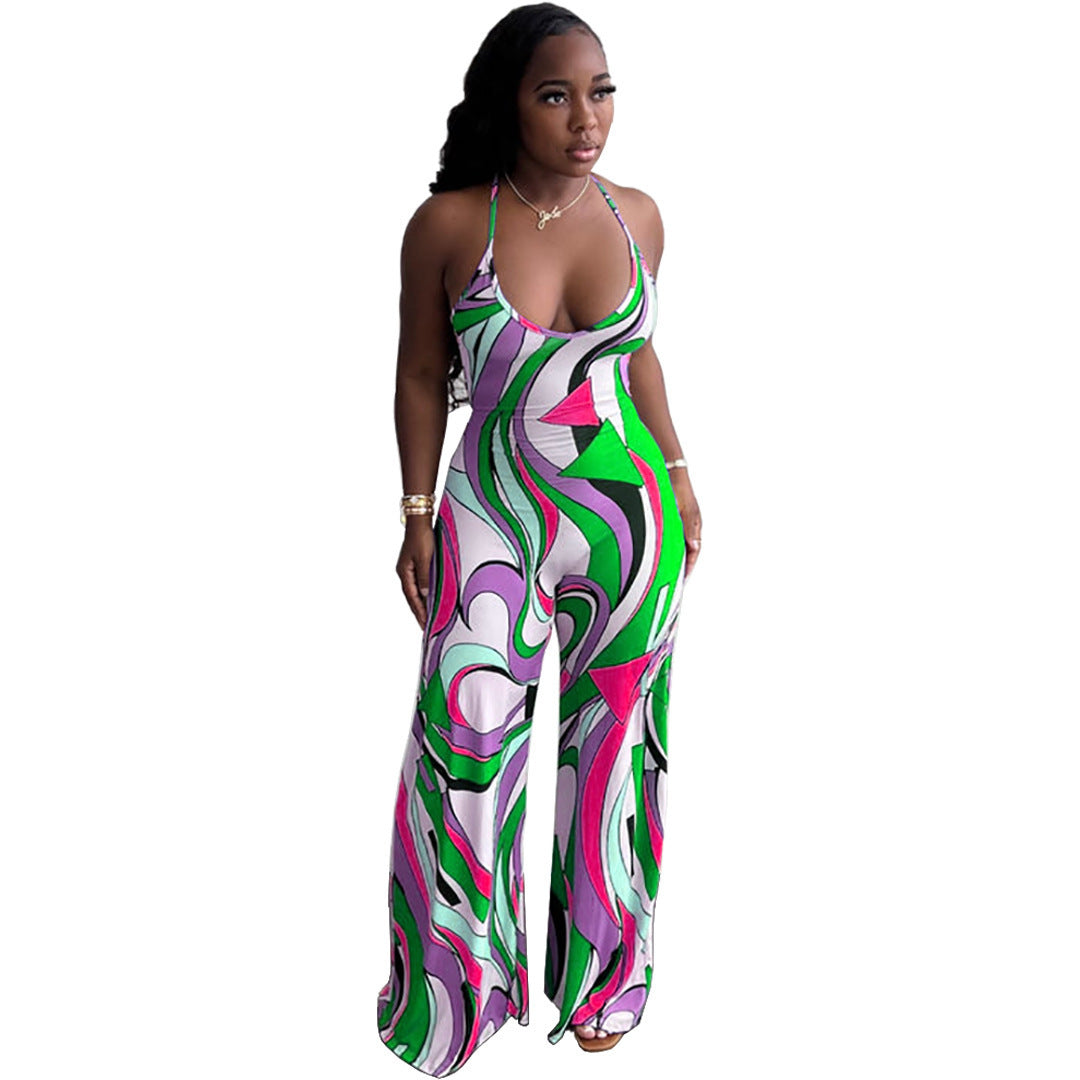 Sleeveless Casual Print Halter Strap Backless Fitted Jumpsuit Green