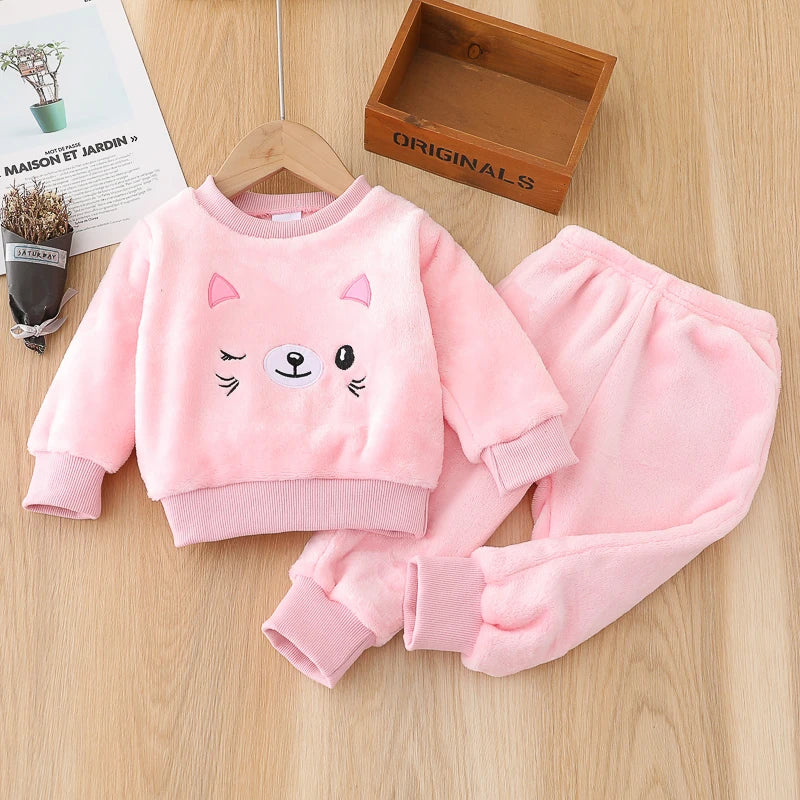 2PCS Baby Set Infant Autumn and Winter French Brushed Cartoon Cat Embroidered Long Sleeve Pants Warm Pink