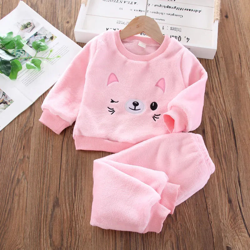 2PCS Baby Set Infant Autumn and Winter French Brushed Cartoon Cat Embroidered Long Sleeve Pants Warm AMAIO