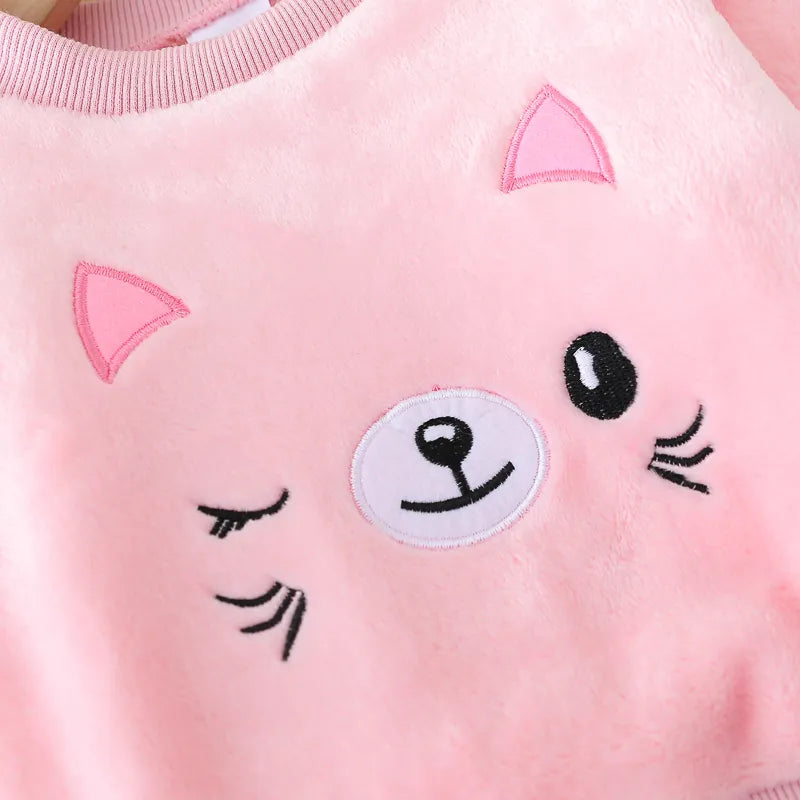 2PCS Baby Set Infant Autumn and Winter French Brushed Cartoon Cat Embroidered Long Sleeve Pants Warm