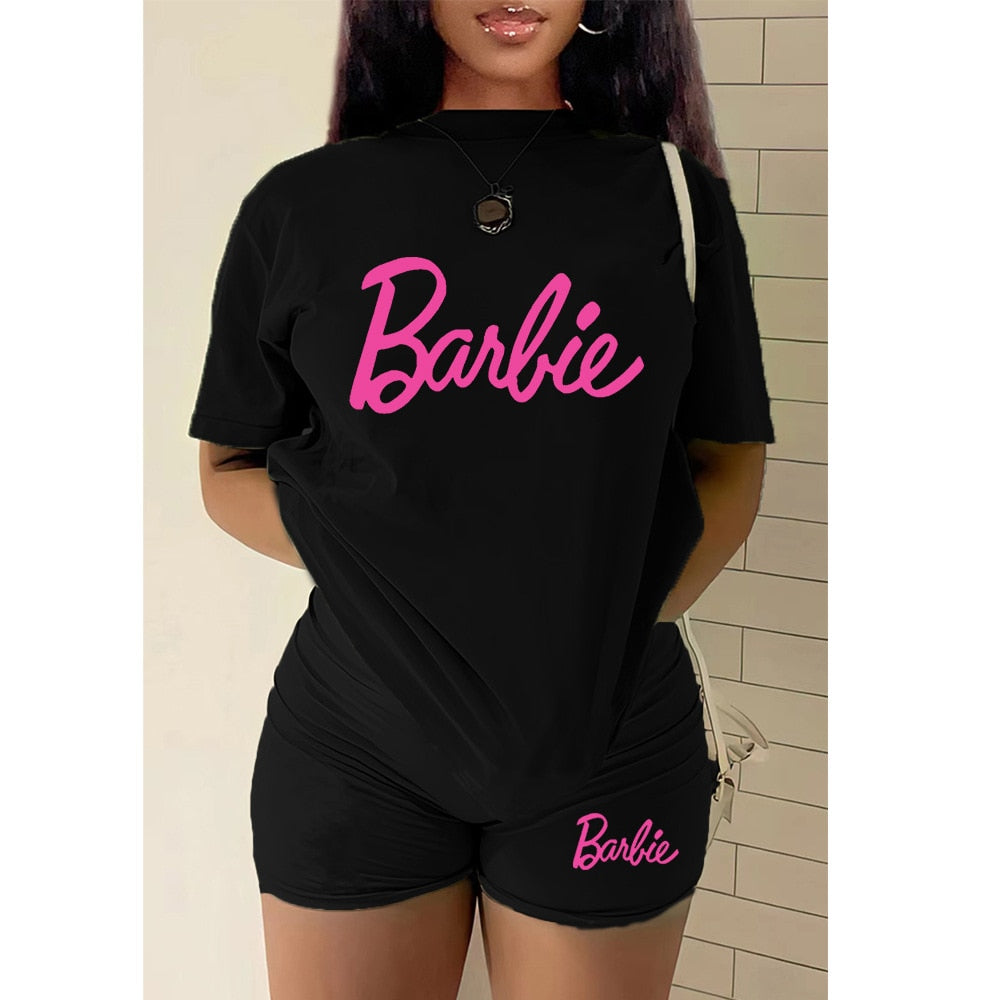 2Pcs Set Barbie Female T-Shirt Shorts Suit Kawaii Soft Y2K Girls Oversize Sports Sweatshirt Set Fashion Ladies Short Sleeves black