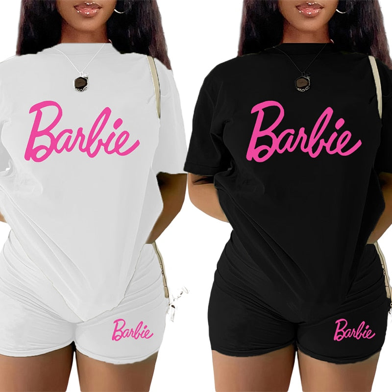 2Pcs Set Barbie Female T-Shirt Shorts Suit Kawaii Soft Y2K Girls Oversize Sports Sweatshirt Set Fashion Ladies Short Sleeves