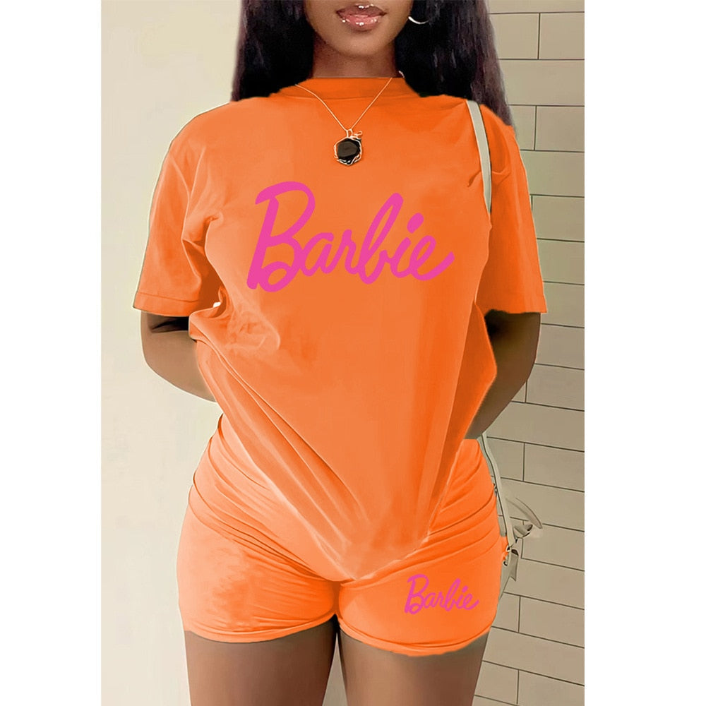 2Pcs Set Barbie Female T-Shirt Shorts Suit Kawaii Soft Y2K Girls Oversize Sports Sweatshirt Set Fashion Ladies Short Sleeves orange