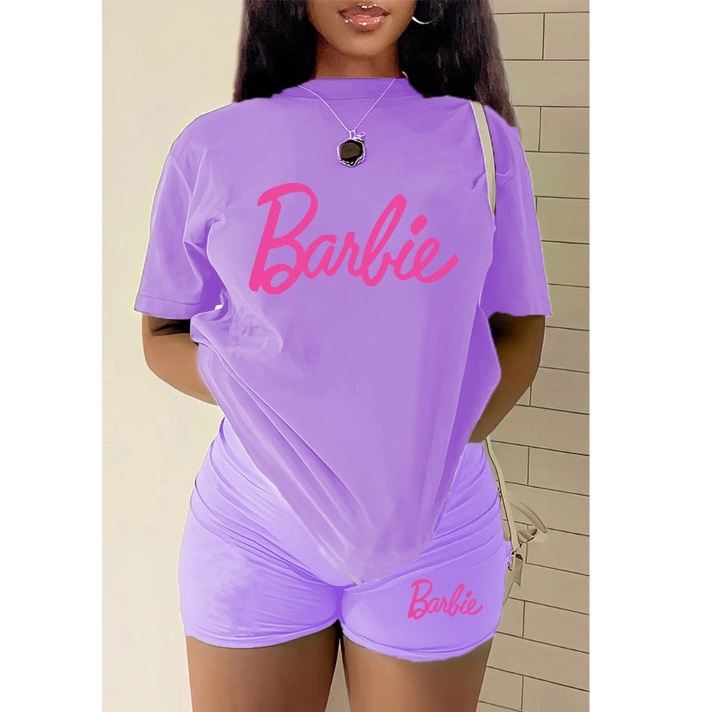 2Pcs Set Barbie Female T-Shirt Shorts Suit Kawaii Soft Y2K Girls Oversize Sports Sweatshirt Set Fashion Ladies Short Sleeves purple