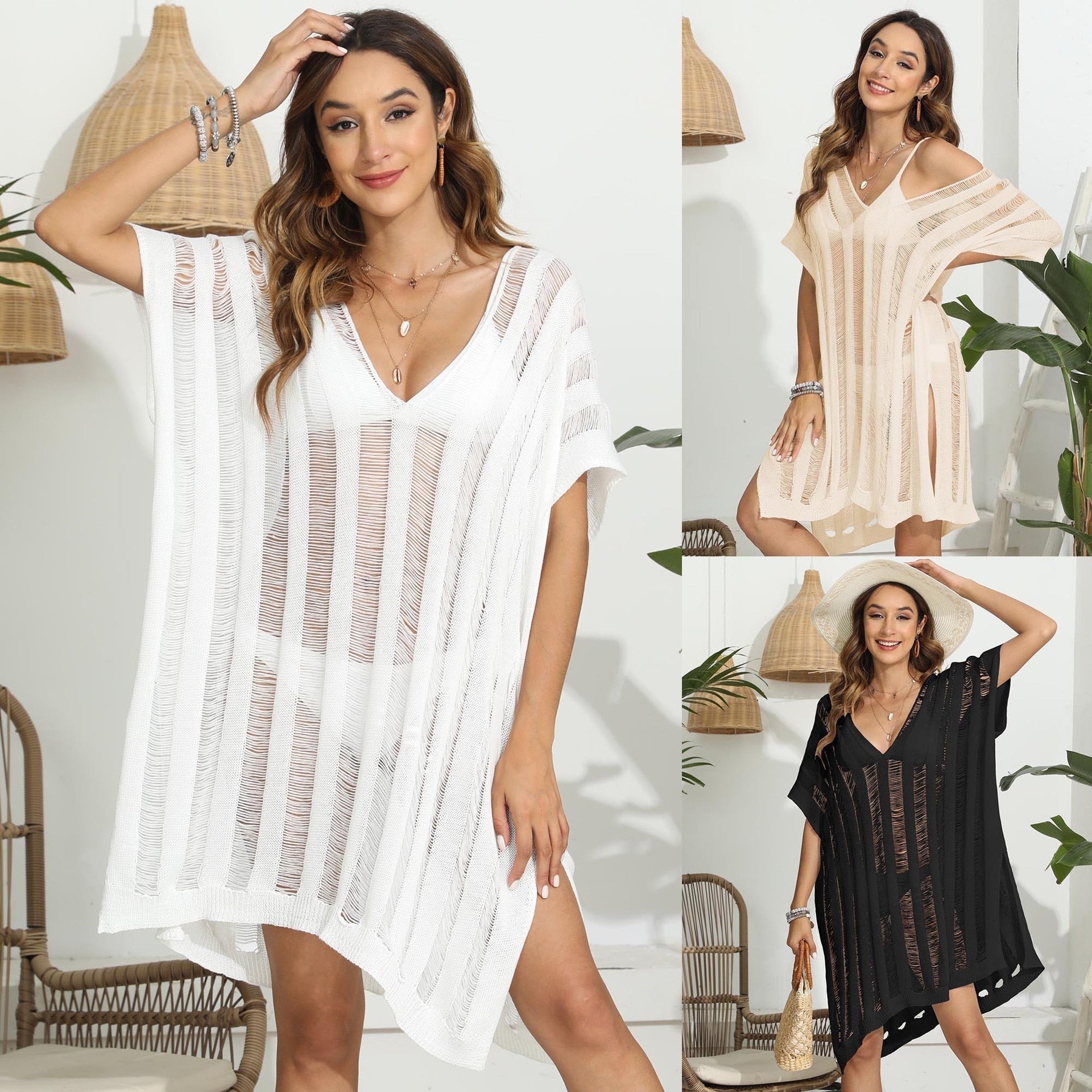 3 Color Stripped Summerdress - White Sexy Beachwear on The Sea Trend Party Dresses Black Swimsuits Cover Up Swim Wear